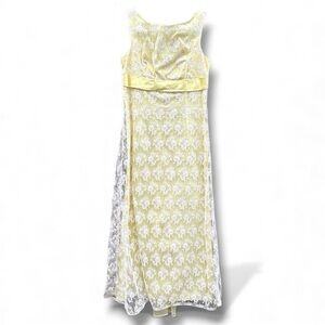 60s Vintage Regency Empire Waist Yellow Floral Lace Prom Formal Evening Gown SM.